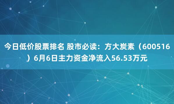 今日低价股票排名 股市必读：方大炭素（600516）6月6日主力资金净流入56.53万元